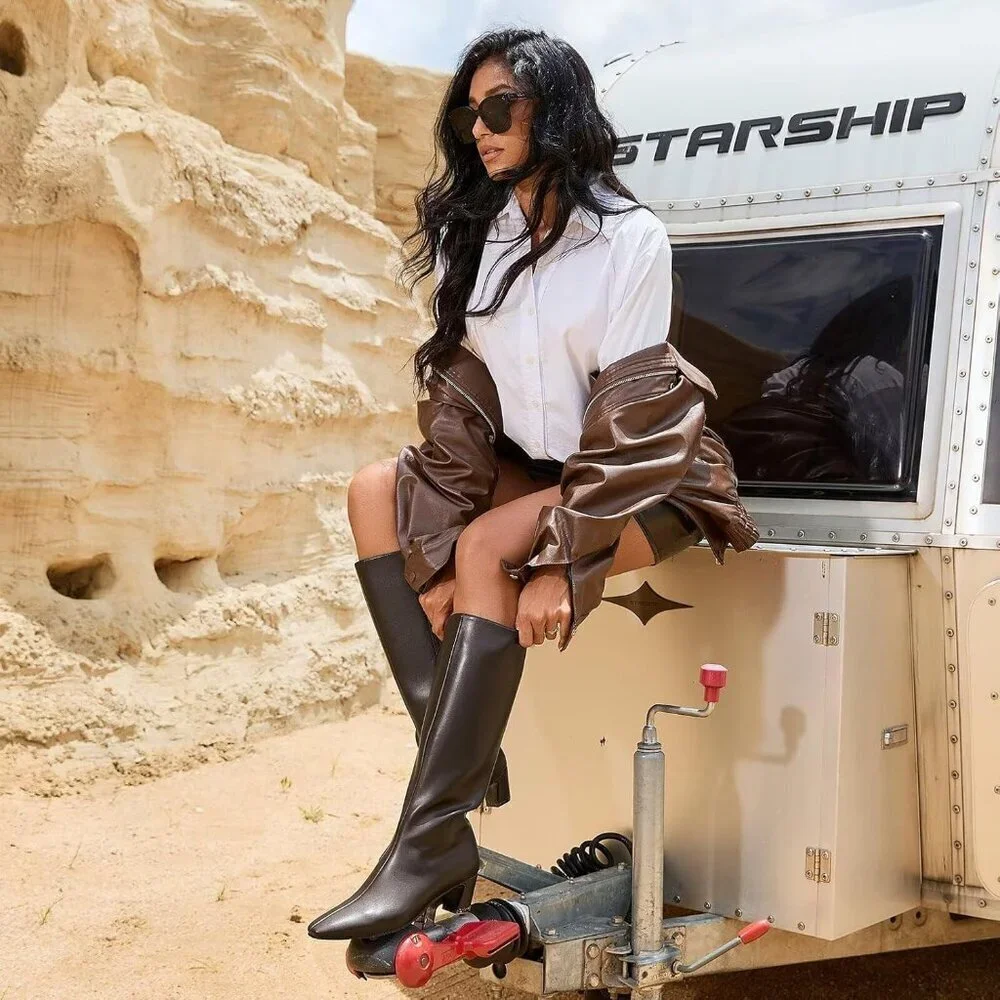 Women Brown Chunky Low Heel Square Toe Elastic Tall Boots Side Zipper PU Leavvvv